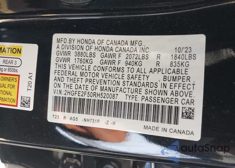 2024 Honda Civic Sport z USA, uszkodzony, nr VIN 2HGFE2F50RH520087